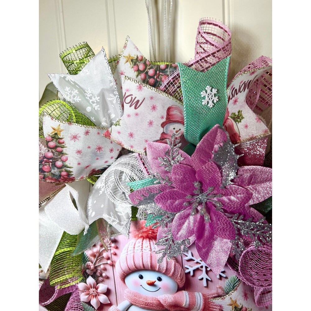 Handmade Pink Winter Snowman Holiday Ribbon Door Wreath 22 ins W81 - Picture 6 of 11